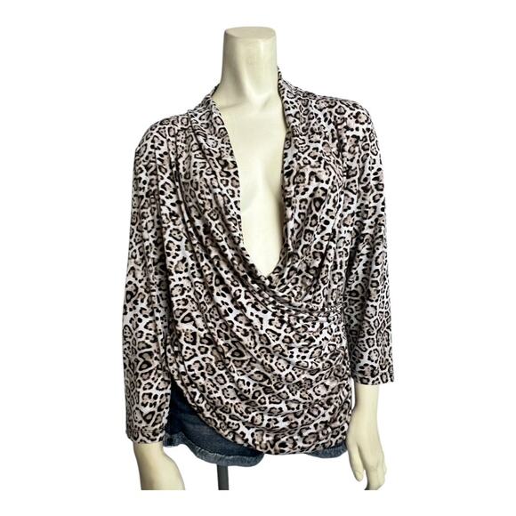 Leopard Draped Plunge Blouse Shirt Low Cut V-neck Top L Large Cheetah Cocktail - Picture 2 of 7